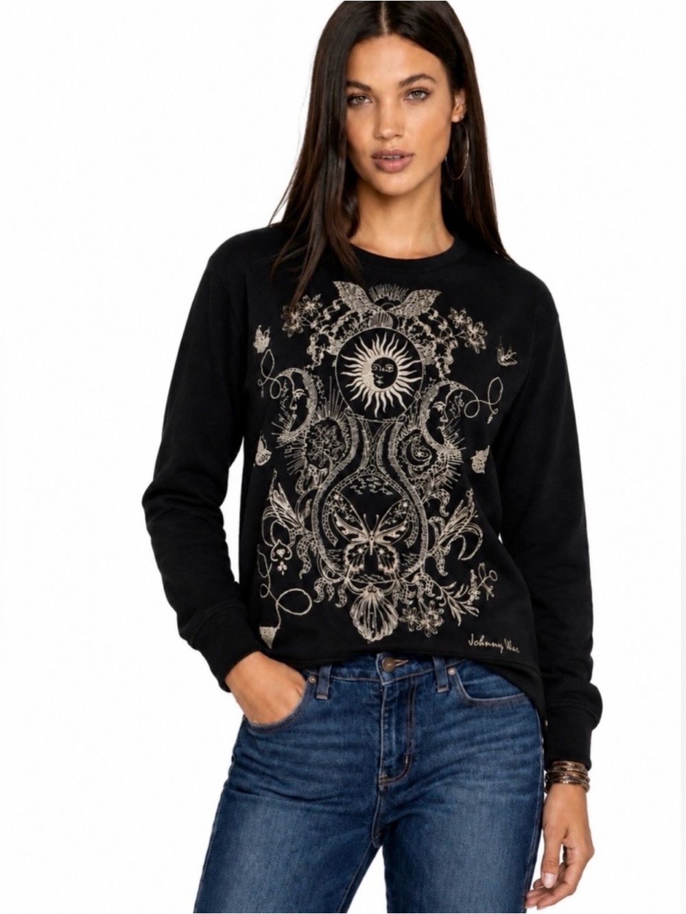 New🌺$198JohnnyWas Krysallis Black  Sweatshirt Sun Floral Butterfly 100%Cotton S